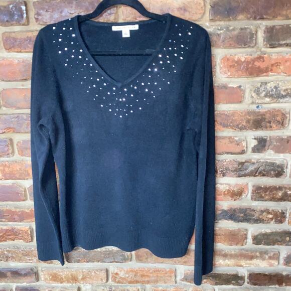 Carolyn Taylor Black Embellished V-Neck Sweater Women's Size Medium - Picture 1 of 7